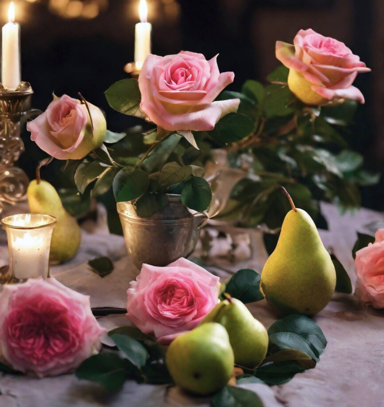 Roses & pears on a candlelit table as a visual representation of Midnight Rose Fragrance Oil available at Village Craft and Candle || Roses et poires sur une table éclairée aux chandelles comme représentation visuelle de l'huile parfumée Midnight Rose disponible chez Village Craft and Candle