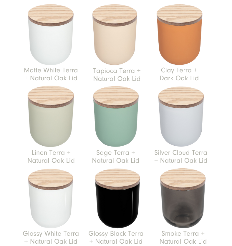 Collage of Village Craft & Candle's 3" Wood TERRA Lid on TERRA jars in nine different colors. || Collage du couvercle en bois TERRA 3" de Village Craft & Candle sur des pots TERRA de neuf couleurs différentes.