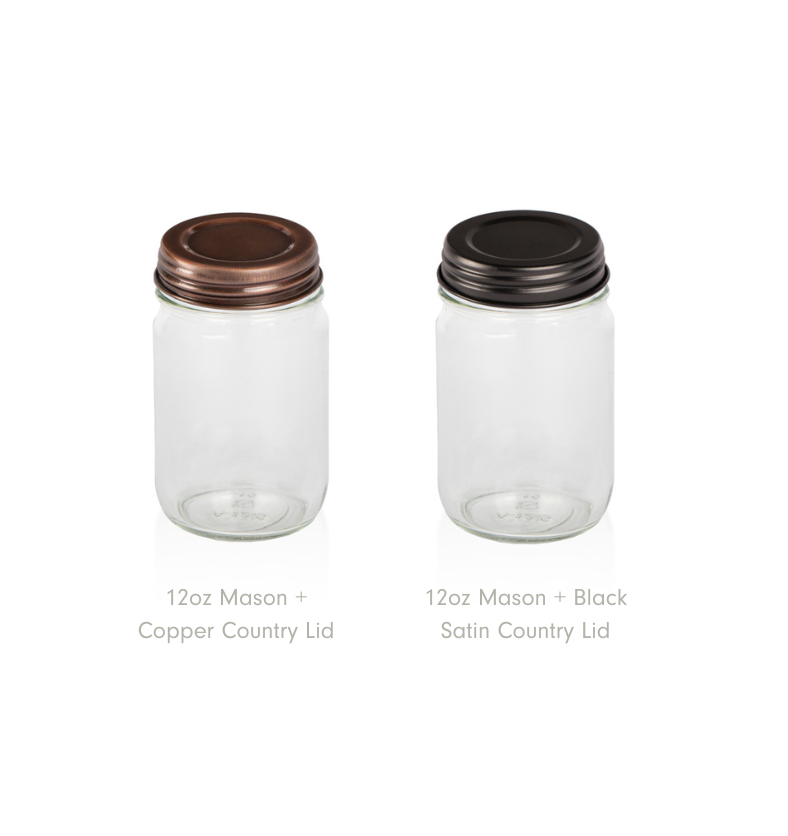 12 oz Mason jars for candle making with copper and black satin country lids – great for traditional or vintage-inspired candles.
