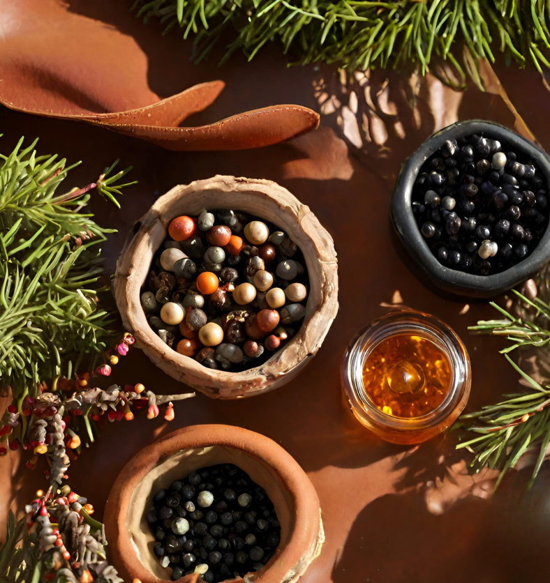 Black peppercorn, leather, and musk as a visual representation of Obscuro Fragrance Oil available at Village Craft and Candle || Poivre noir, cuir et musc comme représentation visuelle de l'huile parfumée Obscuro disponible chez Village Craft and Candle