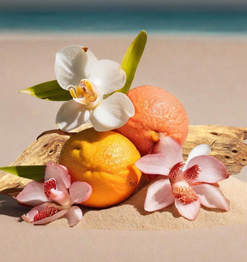 Orange, grapefruit & vanilla orchid on a beach as a visual representation of Palma Fragrance Oil available at Village Craft and Candle || Orchidée orange, pamplemousse et vanille sur une plage comme représentation visuelle de l'huile parfumée de Palma disponible chez Village Craft and Candle