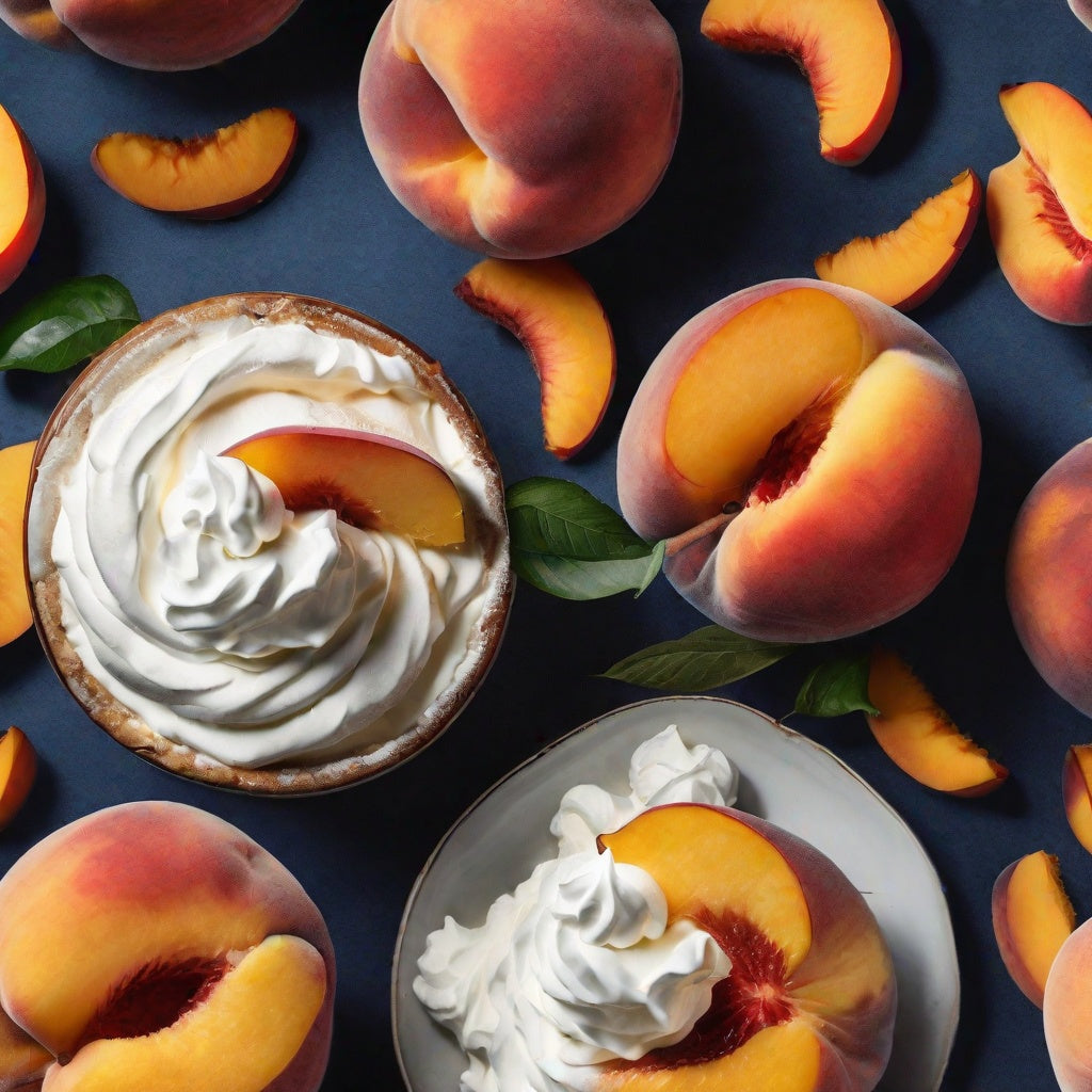 Sliced and whole peaches next to a bowl of whipped cream as a visual representation of Peaches & Cream Fragrance Oil available at Village Craft and Candle || Pêches tranchées et entières à côté d'un bol de crème fouettée comme représentation visuelle de l'huile parfumée Pêches et crème disponible chez Village Craft and Candle