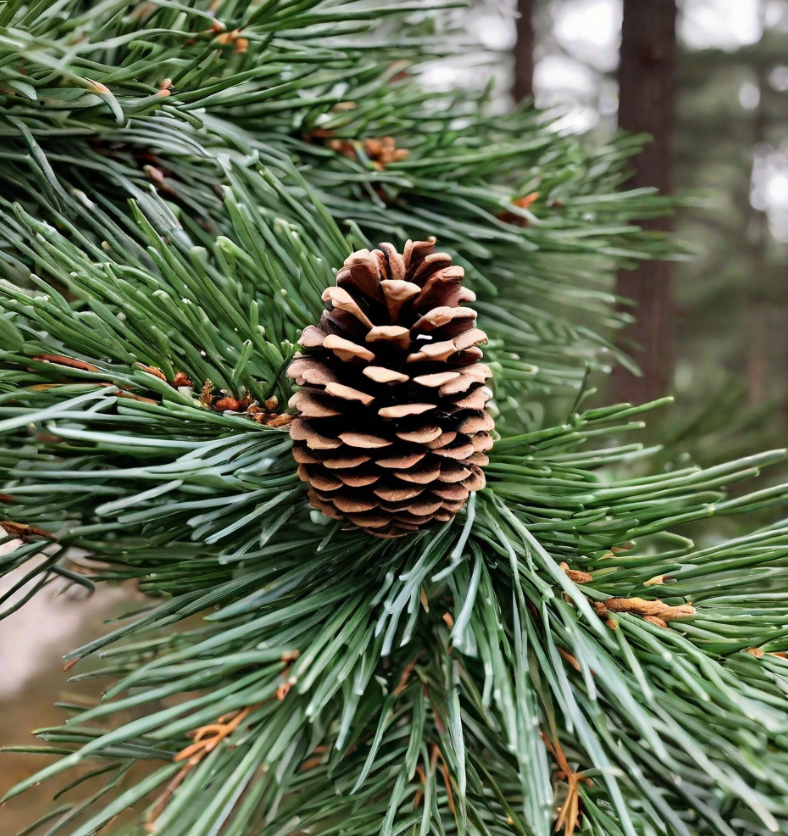 Pine cone on pine tree in winter forest as a visual representation of Pine Fragrance Oil available at Village Craft and Candle || Cône de pin sur un pin dans la forêt d'hiver comme représentation visuelle de l'huile parfumée de pin disponible chez Village Craft and Candle