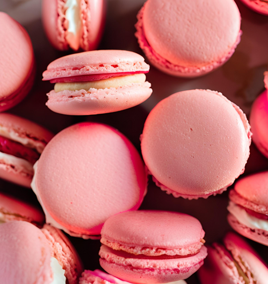 Macarons roses empilés les uns sur les autres comme représentation visuelle de l'huile parfumée de macaron rose disponible chez Village Craft and Candle.