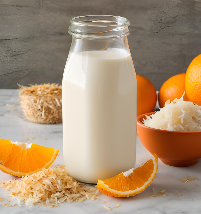Bottles of rice milk with rice and shredded coconut scattered around base, and orange slices as a visual representation of Rice Milk & Santal Fragrance Oil available at Village Craft and Candle || Bouteilles de lait de riz avec du riz éparpillé autour de la base, écorces d'orange comme représentation visuelle du lait de riz et de l'huile parfumée de Santal disponibles chez Village Craft and Candle