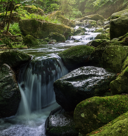 Cascade coulant sur des rochers moussus comme représentation visuelle de l'huile parfumée River Stone disponible chez Village Craft and Candle