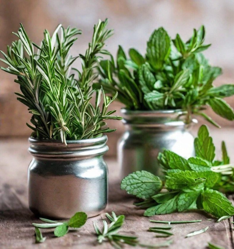 Rosemary and mint leaves in metal jars on wood table as a visual representation of Rosemary Mint Fragrance Oil available at Village Craft and Candle || Feuilles de romarin et de menthe dans des pots en métal sur une table en bois comme représentation visuelle de l'huile parfumée au romarin et à la menthe disponible chez Village Craft and Candle