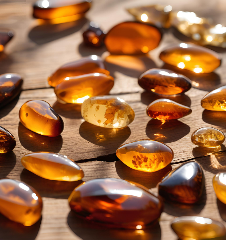 Amber pieces on a table as a visual representation of Sensual Amber Fragrance Oil available at Village Craft and Candle || Pièces d'ambre sur une table comme représentation visuelle de l'huile parfumée d'ambre sensuelle disponible chez Village Craft and Candle