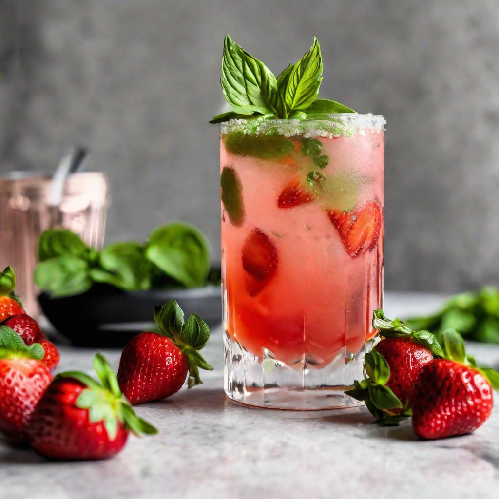 A glass of a strawberry cocktail garnished with lime and basil as a visual representation of Strawberry Lime Basil Fragrance Oil available at Village Craft and Candle || Un verre d'un cocktail aux fraises garni de citron vert et de basilic comme représentation visuelle de l'huile parfumée fraise-lime-basilic disponible chez Village Craft and Candle.