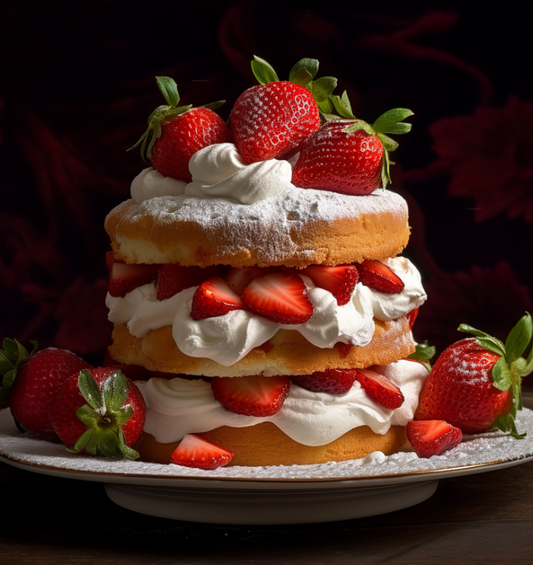 Fluffy layered strawberry shortcake on a white plate as a visual representation of Strawberry Shortcake Fragrance Oil available at Village Craft and Candle