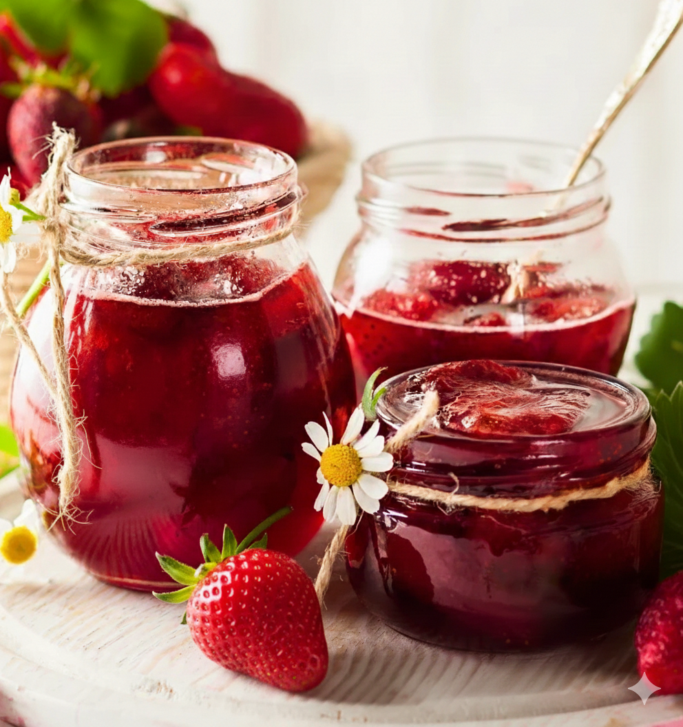 Product lifestyle shot for Strawberry Jam Fragrance Oil: Clear glass jars overflowing with thick, glossy strawberry preserves and real berry chunks, surrounded by fresh strawberries. The image conveys a rich, sugary, and authentic fruit scent. || Photo d'ambiance pour l'huile parfumée Confiture de fraises : Des pots en verre transparent débordants d'une confiture de fraises épaisse et lustrée avec de vrais morceaux de fruits, entourés de fraises fraîches. L'image évoque un parfum de fruit riche, sucré et au