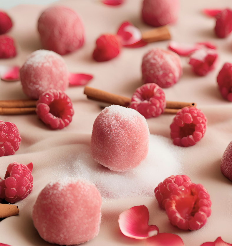 Image of sugared lychee, raspberries, sugar, rose petals & cinnamon sticks to represent Village Craft & Candle's Sugared Lychee & Suede Fragrance Oil. | Image de litchi sucré, framboises, sucre, pétales de rose et bâtons de cannelle pour représenter l'huile parfumée Litchi Sucre & Daim de Village Craft & Candle.