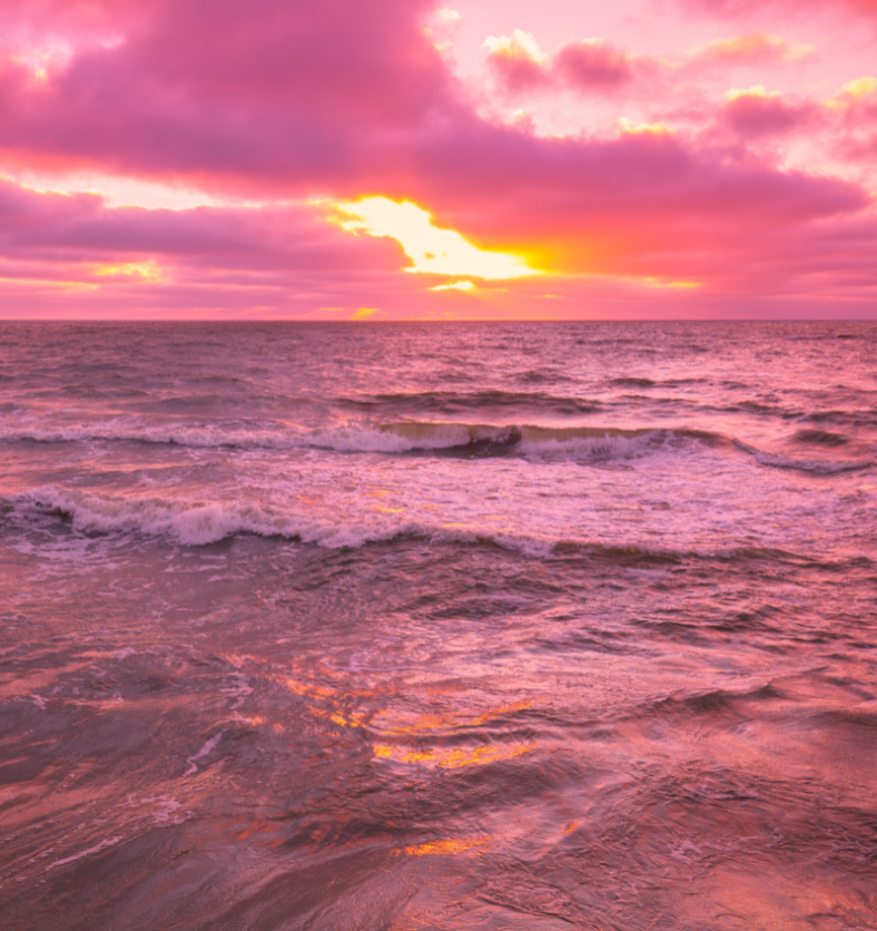 Pink and purple sunset on a green ocean beach as a visual representation of Sunset Mirage Fragrance Oil available at Village Craft and Candle || Coucher de soleil rose et violet sur une plage verte de l'océan comme représentation visuelle de l'huile parfumée Sunset Mirage disponible chez Village Craft and Candle
