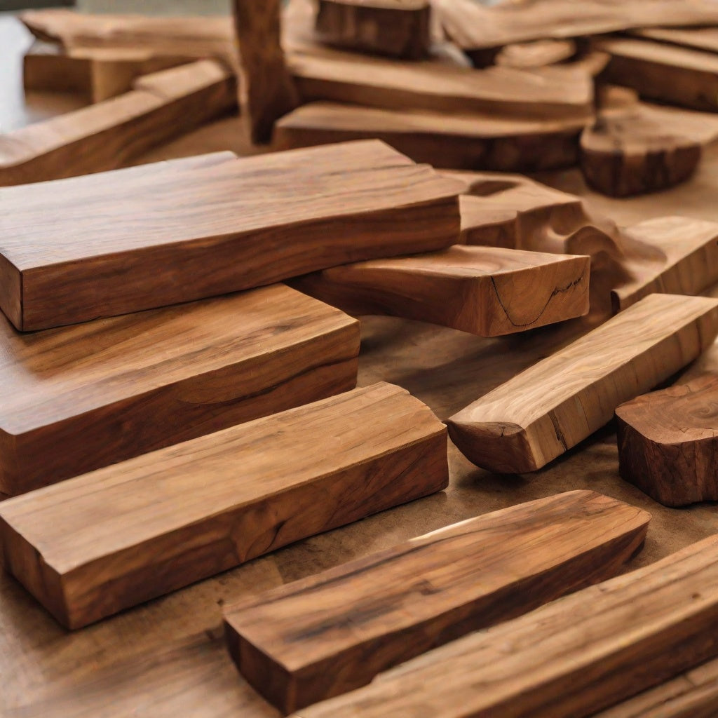 Stack of polished teak wood as a visual representation of Teak Wood Fragrance Oil available at Village Craft and Candle || Pile de bois de teck poli comme représentation visuelle de l'huile parfumée en bois de teck disponible chez Village Craft and Candle