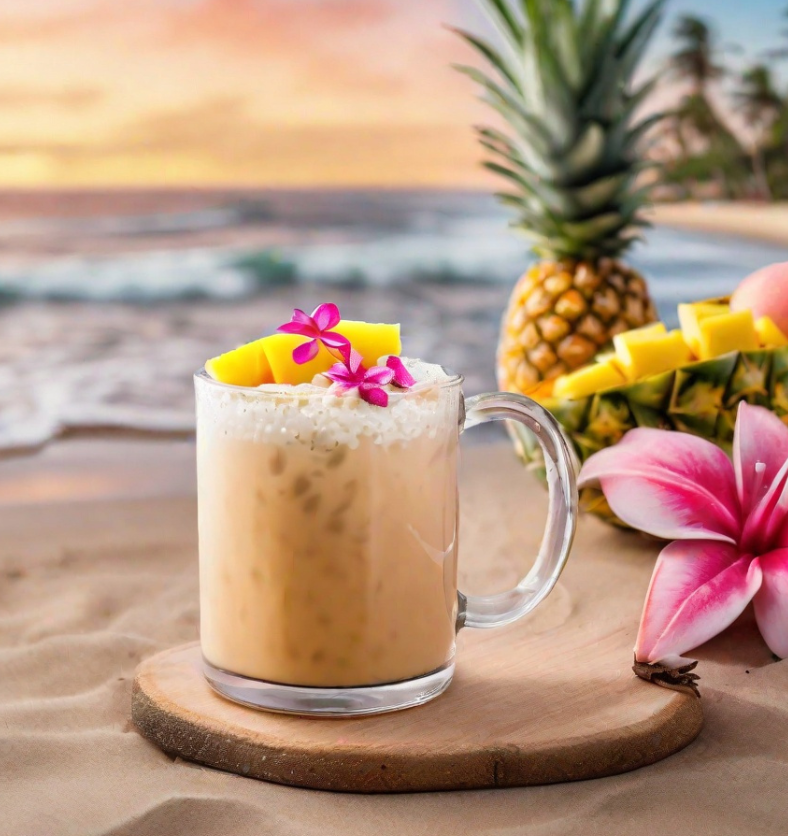 A mug of chai with mango slices, a pineapple, and a beachy vibe as a visual representation of Tropical Chai Fragrance Oil available at Village Craft and Candle || Une tasse de chai avec des tranches de mangue, un ananas et une ambiance de plage comme représentation visuelle de l'huile parfumée Tropical Chai disponible chez Village Craft and Candle