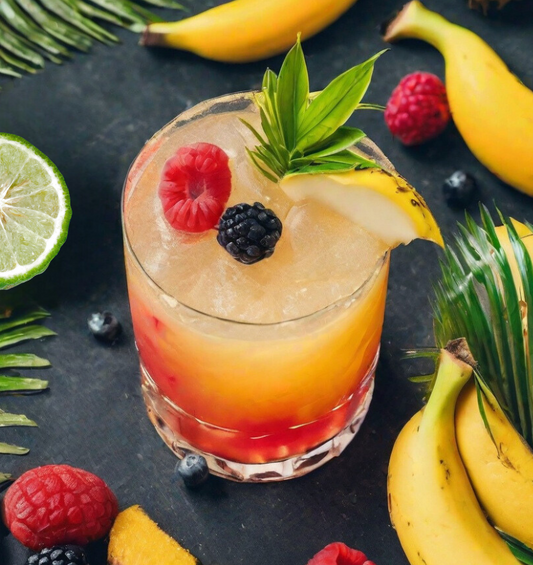 Cocktail de fruits tropicaux sur table noire comme représentation visuelle de l'huile parfumée Tropical Splash disponible chez Village Craft and Candle
