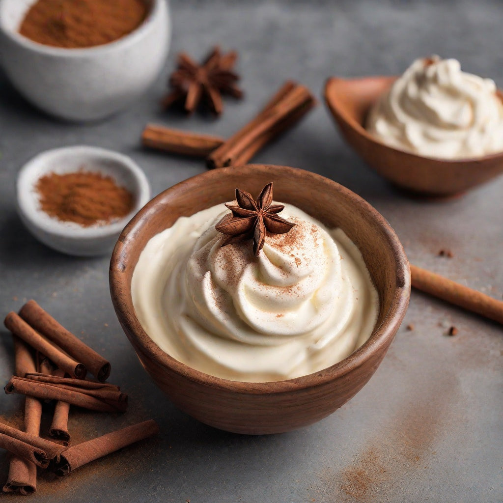 Bowl of vanilla cream surrounded by spice and cinnamon as a visual representation of Vanilla Cream Fragrance Oil available at Village Craft and Candle || Bol de crème à la vanille entouré d'épices et de cannelle comme représentation visuelle de l'huile parfumée à la crème à la vanille disponible chez Village Craft and Candle