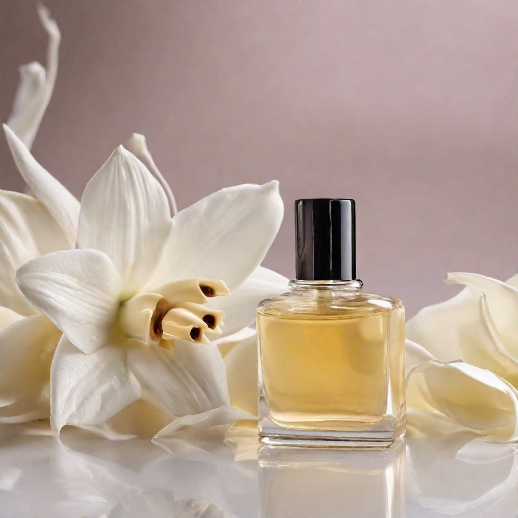 Bottle of Vanilla perfumes with vanilla flowers in the background as a visual representation of Vanilla Musk Fragrance Oil available at Village Craft and Candle || Bouteille de parfum vanille avec des fleurs de vanille en arrière-plan comme représentation visuelle de l'huile parfumée vanille musc disponible chez Village Craft and Candle