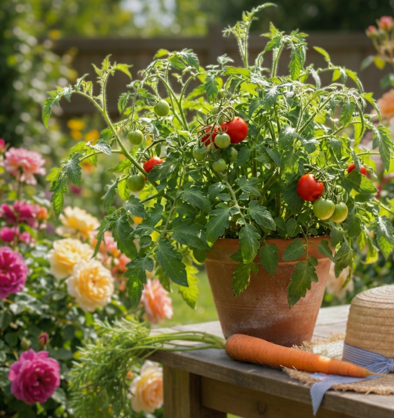 Vine Leaf & Carrot Seed Fragrance Oil: Sun-drenched garden with a potted tomato plant, fresh carrots, and a straw hat. || Huile Feuille de vigne et graine de carotte : Jardin ensoleillé avec plant de tomate en pot, carottes et chapeau de paille.