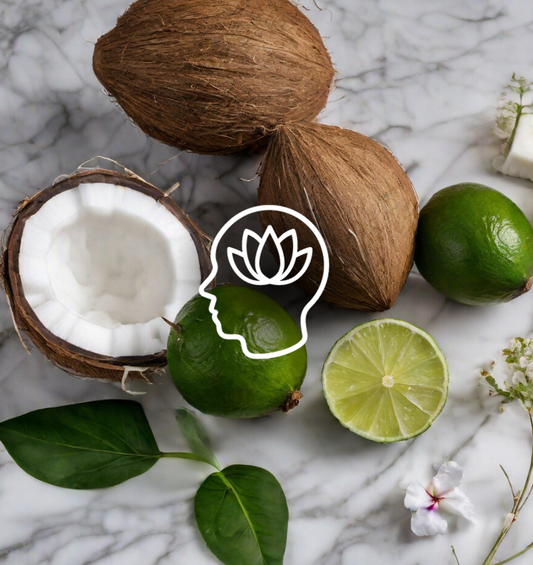 Coconut and limes on a granite countertop with a mindfulness graphic as a visual representation of Verbena Coco-Lime EmotiScents (Well Being) Fragrance Oil available at Village Craft and Candle