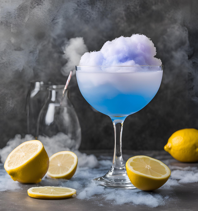 Cotton candy cocktails with a moody background as a visual representation of Periwinkle Cotton Candy Fragrance Oil available at Village Craft and Candle || Cocktails de barbe à papa avec un fond blanc comme représentation visuelle de l'huile parfumée de barbe à papa de pervenche disponible chez Village Craft and Candle