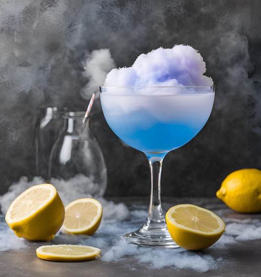 Cotton candy cocktails with a moody background as a visual representation of Periwinkle Cotton Candy Fragrance Oil available at Village Craft and Candle