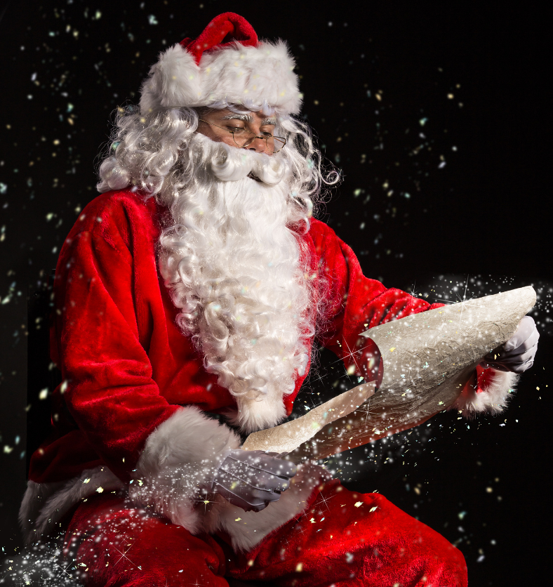 Santa reading his scroll with snow falling and silver sparkles in a diagonal across the screen as a visual representation of Santa's Workshop Fragrance Oil available at Village Craft and Candle || Le Père Noël lit son parchemin avec de la neige qui tombe et des étincelles argentées en diagonale sur l'écran comme représentation visuelle de l'huile parfumée de l'atelier du Père Noël disponible chez Village Craft and Candle.
