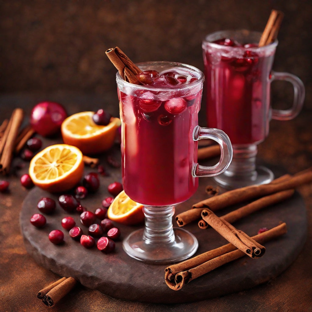 Cranberry juice with cinnamon and citrus as a visual representation of Spiced Cranberry Fragrance Oil available at Village Craft and Candle || Jus de canneberge avec cannelle et agrumes comme représentation visuelle de l'huile parfumée de canneberge épicée disponible chez Village Craft and Candle