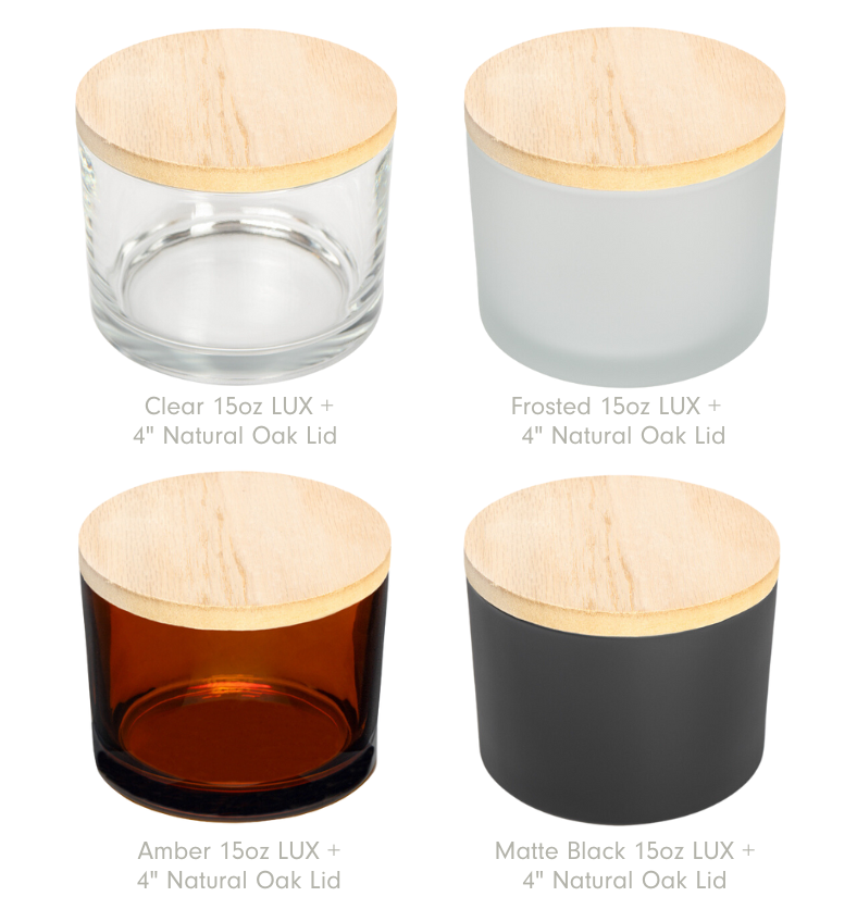 15oz Amber, Clear, Frosted White, & Matte Black LUX Jars with 4" Natural Oak Lid Options || Pots LUX ambrés, transparents, blancs givrés et noirs mats de 15 oz avec options de couvercle en chêne naturel de 4 po