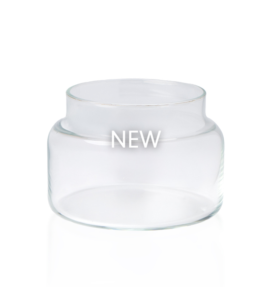 New 10oz Traditional Jar clear glass candle vessel, unlidded product shot on a white background, showing the wide opening. 