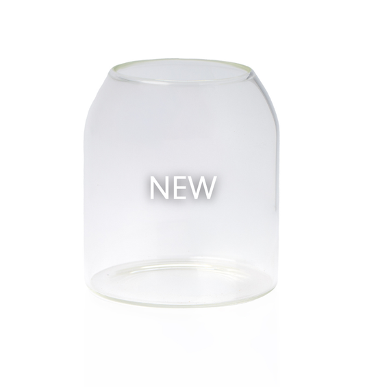 Clear, empty 13-ounce apothecary jar with a curved, dome-shaped shoulder. 