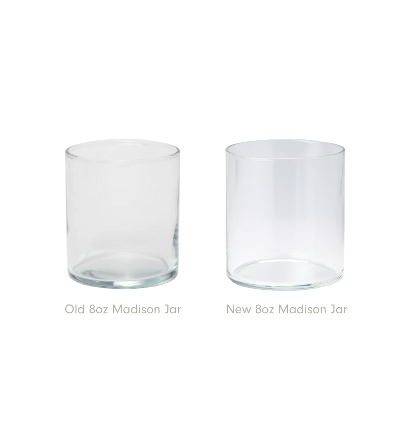 Side-by-side comparison of the old 8oz Madison Jar (left) and the new, upgraded version (right), showing the enhanced glass quality and smoother base design. | Comparaison côte à côte de l'ancien pot Madison de 8 oz (gauche) et de la nouvelle version améliorée (droite), montrant la qualité de verre rehaussée et le design de base plus lisse.