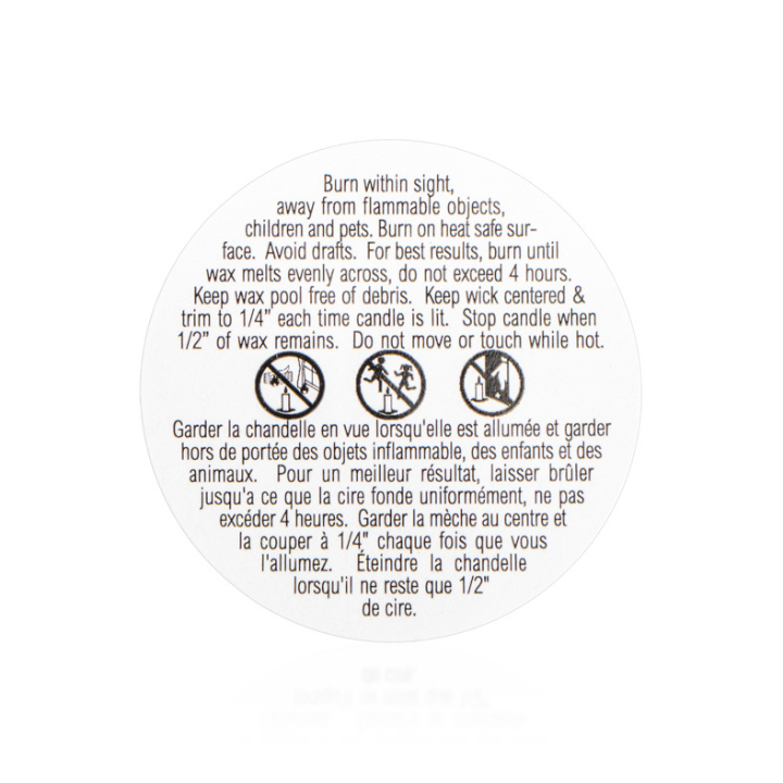 Bilingual caution label for candles || Étiquette d'avertissement bilingue pour les bougies