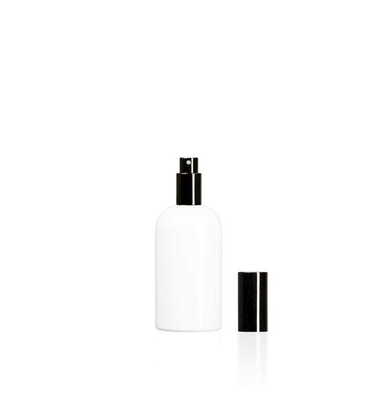 Image of a plastic white bottle with a black lid on a white background to represent Village Craft & Candle's 7oz Boston Round bottles 