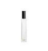 Image of a tall, narrow, clear glass bottle with a black top on a white background to represent Village Craft & Candle's 4oz Charisma Bottle for room sprays. || Image d'une bouteille en verre claire, haute et étroite avec un bouchon noir sur un fond blanc pour représenter la bouteille Charisma de 4oz de Village Craft & Candle pour les vaporisateurs d'ambiance.