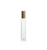 Image of a tall, narrow, clear glass bottle with a gold top on a white background to represent Village Craft & Candle's 4oz Charisma Bottle for room sprays || Image d'une bouteille en verre claire, haute et étroite avec un bouchon doré sur un fond blanc pour représenter la bouteille Charisma de 4 oz de Village Craft & Candle pour les vaporisateurs d'ambiance