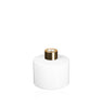 Image of a stout white glass diffuser bottle with a gold collar on a white background to represent Village Craft & Candle's Lavish Diffuser Bottle. || Image d'une bouteille de diffuseur en verre blanc trapue avec un col doré sur un fond blanc pour représenter la bouteille de diffuseur Lavish de Village Craft & Candle.