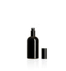 Image of a plastic black bottle with a black lid on a white background to represent Village Craft & Candle's 7oz Boston Round bottles || Image d'une bouteille en plastique noire avec un couvercle noir sur fond blanc pour représenter les bouteilles rondes Boston de 7 oz de Village Craft & Candle.