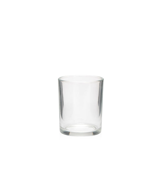 Image of a clear glass vessel on a white background to represent the Village Craft & Candle 4oz clear LUX jar. 