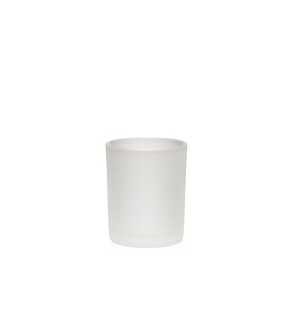 Image of a frosted glass vessel on a white background to represent the Village Craft & Candle 4oz Frosted White LUX jar || Image d'un récipient en verre givré sur un fond blanc représentant le pot LUX givré blanc de 4 oz de Village Craft & Candle.