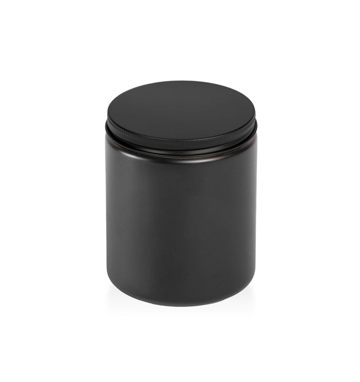 Image of a matte black glass jar with low profile matte black lid to represent Village Craft & Candle's Matte Black Element Straight Side Jar & Midnight Black Element Lid for candle making || 
Image d'un pot en verre noir mat avec un couvercle noir mat à profil bas représentant le pot droit noir mat Element et le couvercle noir Minuit Element de Village Craft & Candle pour la fabrication de bougies. 