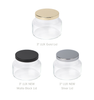 10oz Traditional Jar displayed with three 3-inch LUX Metal Lid options: Gold, Matte Black, and Silver. || Pot Traditionnel 10oz présenté avec trois options de Couvercles Métalliques LUX 3 pouces : Or, Noir Mat et Argent.