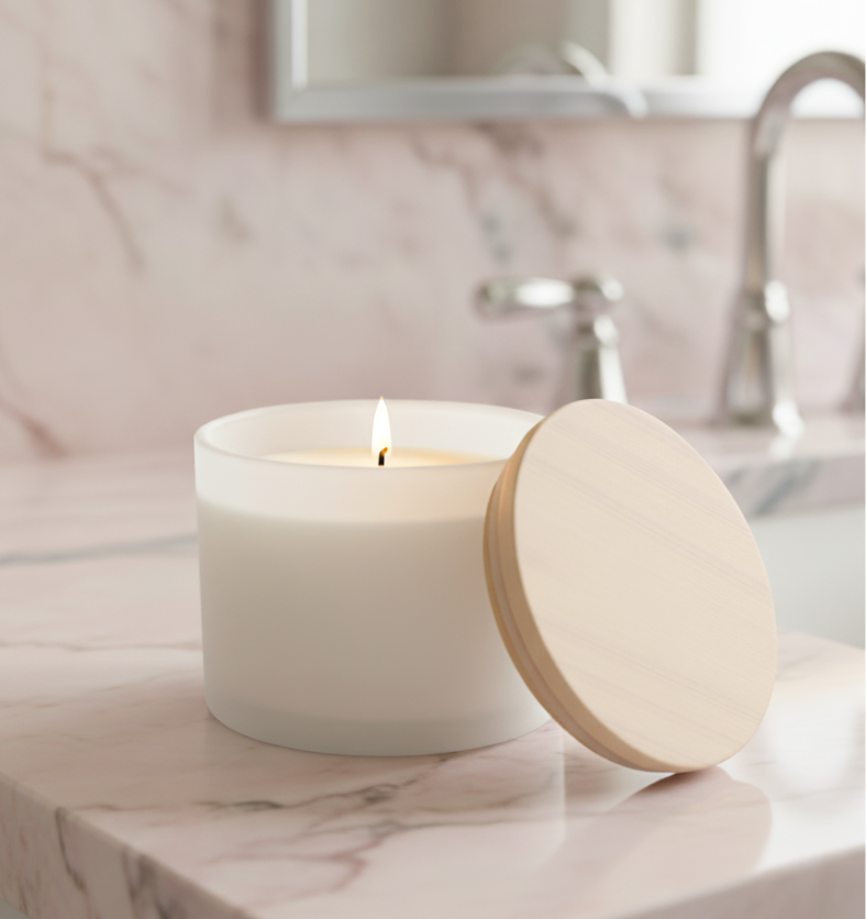 A lit candle in a 15oz Matte White LUX Jar with a White Pine lid resting next to it, placed on a pink marble bathroom countertop. || Une chandelle allumée dans un Pot LUX 15oz Blanc Mat avec un couvercle en Pin Blanc posé à côté, sur un comptoir de salle de bain en marbre rose.