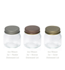 Clear 6 oz Mason glass jar for candles, displayed with Pewter, Bronze & Gold Distressed metal lid options. Product variation shot on a white background. || Pot Mason transparent de 6 oz pour bougies, présenté avec les options de couvercles métalliques étain, bronze et doré patiné. Photo des variantes de produit sur fond blanc.