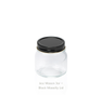Clear 6 oz Mason glass jar for candles, displayed with Black Massilly Lid. Product variation shot on a white background. || Pot Mason transparent de 6 oz pour bougies, présenté avec le couvercle Massilly noir. Photo de la variante du produit sur fond blanc.