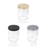 New 8oz Madison Jar shown with three compatible LUX lids: Gold, Matte Black, and Silver. | Nouveau pot Madison de 8 oz présenté avec trois couvercles LUX compatibles : Or, Noir Mat et Argent.