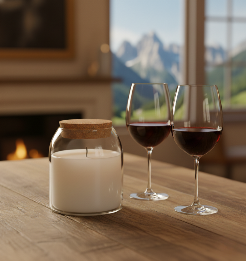 Lifestyle image of a finished candle in a 13oz apothecary jar with a cork lid, sitting next to two glasses of red wine on a wooden table. A fireplace glows in the background with a mountain view outside the window. || Image d'ambiance d'une chandelle finie dans un pot apothicaire de 13 oz avec couvercle en liège, posée à côté de deux verres de vin rouge sur une table en bois. Une cheminée est visible en arrière-plan avec une vue sur la montagne par la fenêtre.