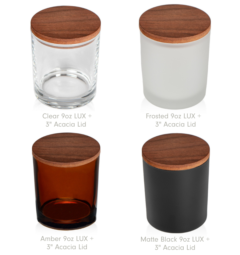9oz Amber, Clear, Frosted White, & Matte Black LUX Jars with 3" Acacia Wood Lid Options || Pots LUX ambre, transparent, blanc givré et noir mat de 9 oz avec options de couvercle en bois d'acacia de 3 po