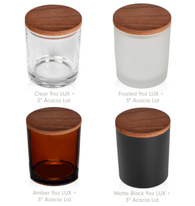 LUX Jars: Amber, Clear, Frosted White, & Matte Black. Great for Retail. Available in 10oz Max Capacity, 8.1oz Recommended Fill. Case of 12, Wood Lid Options: Acacia, Natural Oak or White Pine (Sold Separately) || Pots LUX : Ambre, Transparent, Blanc Givré et Noir Mat. Idéaux pour la vente au détail. Disponibles en capacité maximale de 10 oz, remplissage recommandé à 8,1 oz. Boîte de 12, Options de couvercle en bois : Acacia, Chêne Naturel ou Pin Blanc (Vendus séparément