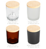 LUX Jars: Amber, Clear, Frosted White, & Matte Black. Great for Retail. Available in 10oz Max Capacity, 8.1oz Recommended Fill. Case of 12, Wood Lid Options: Acacia, Natural Oak or White Pine (Sold Separately) || Pots LUX : Ambre, Transparent, Blanc Givré et Noir Mat. Idéaux pour la vente au détail. Disponibles en capacité maximale de 10 oz, remplissage recommandé à 8,1 oz. Boîte de 12, Options de couvercle en bois : Acacia, Chêne Naturel ou Pin Blanc (Vendus séparément